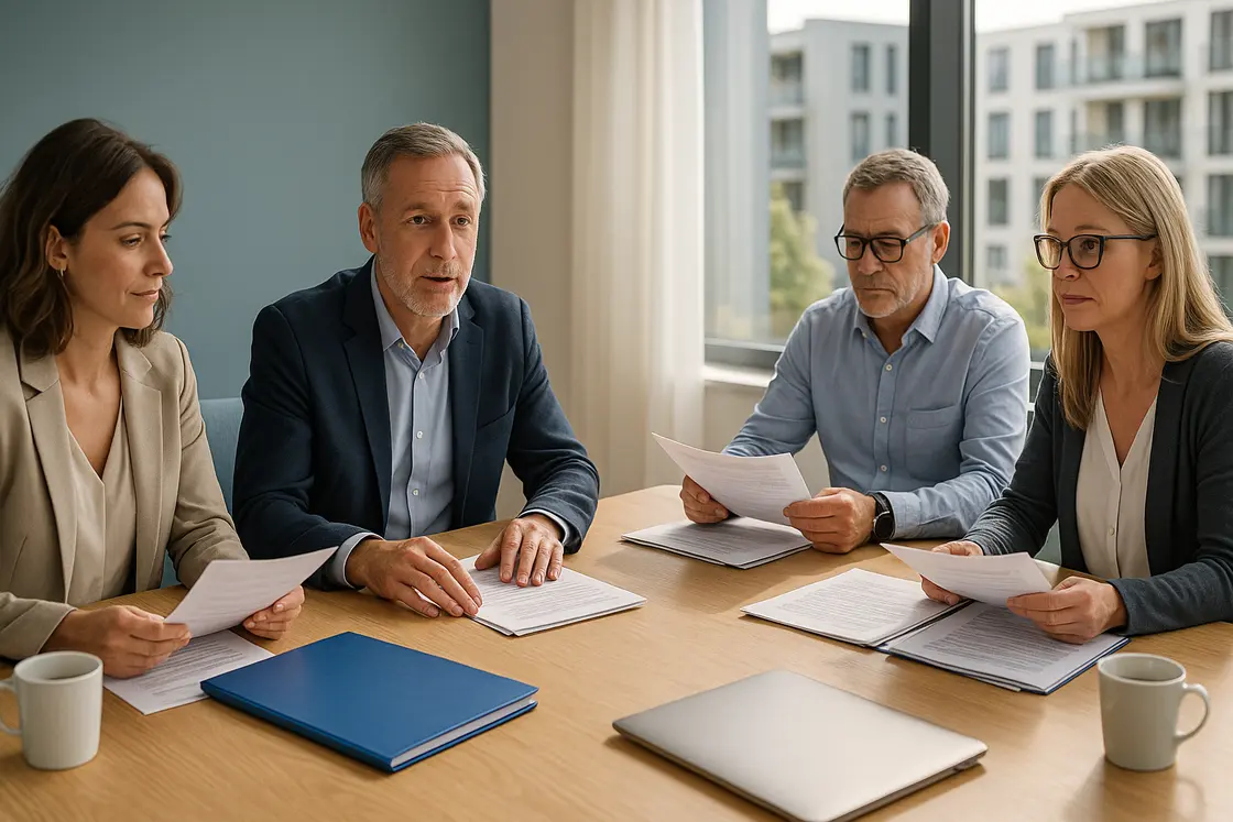 Verwaltungsbeirat: Umfassender Leitfaden zu Aufgaben, Haftung und Entlastung 1 Vier professionell gekleidete Erwachsene, möglicherweise ein Verwaltungsbeirat, sitzen an einem Konferenztisch mit Dokumenten, Kaffeetassen, einem Laptop und einem blauen Ordner und führen in einem modernen Büro mit großen Fenstern eine ernsthafte Diskussion.