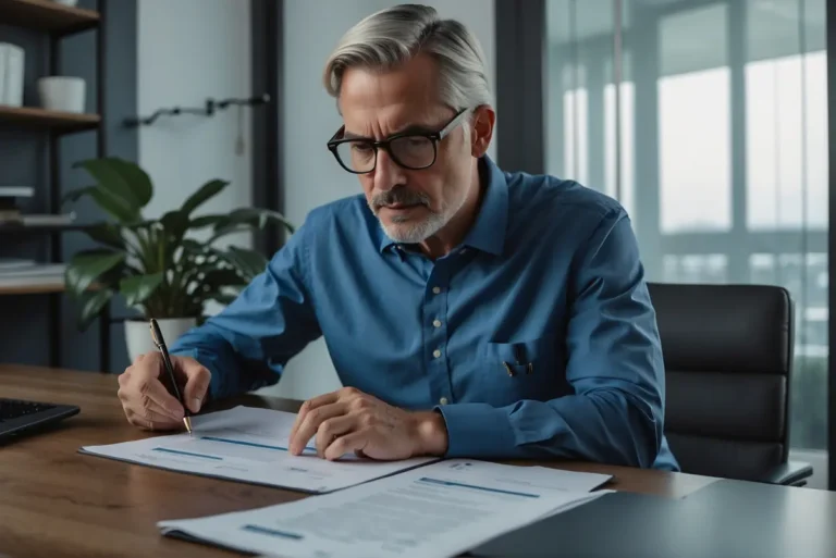 Reifer Mann mit Brille, der an einem Schreibtisch in einem Büro eine Heizkostenabrechnung in ein Notizbuch schreibt, konzentrierter Gesichtsausdruck.