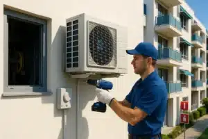 Ein Techniker setzt eine Bohrmaschine ein, um eine Klimaanlage im Außenbereich zu installieren, zu reparieren oder zu warten. Er übernimmt die saisonale Wartung für die Immobilienverwaltung eines modernen Wohngebäudes.