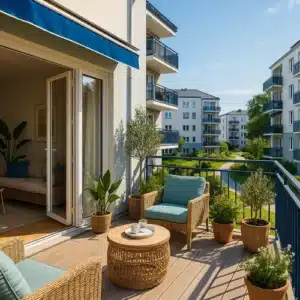 Der sonnige Balkon eignet sich perfekt für die Sommersaison und ist mit Korbstühlen, einem kleinen runden Tisch und mehreren Topfpflanzen ausgestattet. Er bietet einen Blick auf einen Innenhof und moderne Wohngebäude. Offene Glastüren führen in ein helles Wohnzimmer.