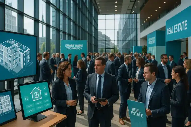 Deutscher Verwaltertag 2025 - Eine Gruppe von Geschäftsleuten in Anzügen unterhält sich auf dem Deutschen Verwaltertag 2025, einer Immobilien-Technologiekonferenz in Berlins modernem, gläsernem Veranstaltungsort mit digitalen Displays, die Diagramme zu Smart Home und Immobilienverwaltung zeigen.