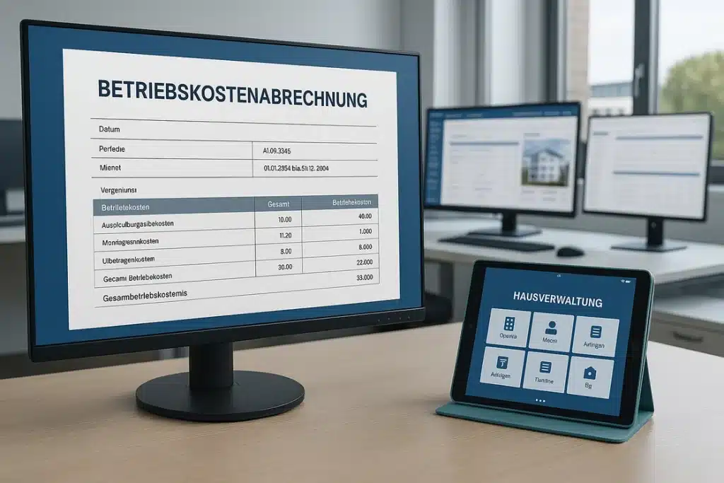 Digitale Betriebskostenabrechnung: Ein Computermonitor zeigt eine Digitale Betriebskostenabrechnung für 2025 mit Kostenaufschlüsselung, während ein Tablet eine Immobilienverwaltungs-App anzeigt. Im Hintergrund sind zwei weitere Bildschirme mit ähnlichen Schnittstellen für die digitale Einsichtnahme zu sehen.