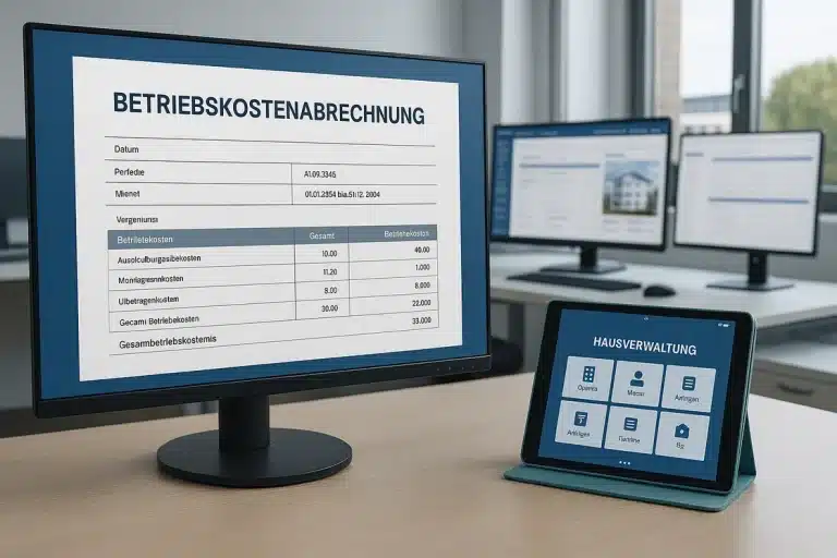 Digitale Betriebskostenabrechnung: Ein Computermonitor zeigt eine Digitale Betriebskostenabrechnung für 2025 mit Kostenaufschlüsselung, während ein Tablet eine Immobilienverwaltungs-App anzeigt. Im Hintergrund sind zwei weitere Bildschirme mit ähnlichen Schnittstellen für die digitale Einsichtnahme zu sehen.