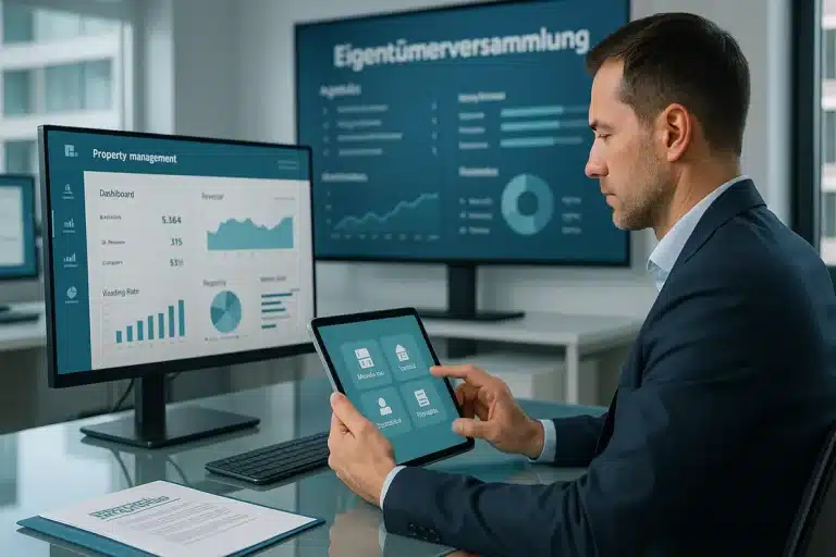 Digitale Hausverwaltung: Ein Mann im Anzug sitzt an einem Schreibtisch und benutzt ein Tablet, während auf einem Monitor und einem großen Bildschirm hinter ihm Diagramme der Digitalen Hausverwaltung angezeigt werden. Auf dem Schreibtisch in diesem modernen Büro der Immobilienverwaltung liegen Dokumente und Büromaterialien.