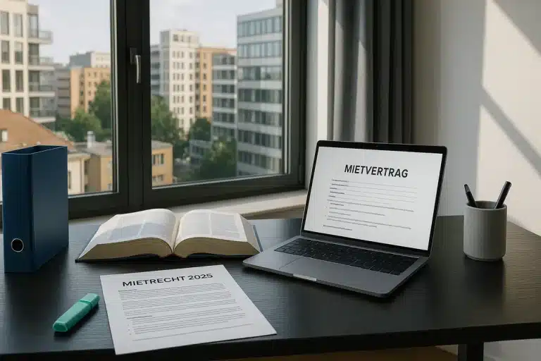 Mietrecht 2025: An einem Schreibtisch am Fenster stehen ein Laptop mit der Aufschrift "Mietvertrag", ein aufgeschlagenes Buch, ein Ordner und ein Papier mit dem Titel "Mietrecht 2025 - Änderungen für Vermieter und Mieter" bereit. Ein Textmarker und zwei Stifte in einer Tasse vervollständigen die Szene; draußen sind städtische Gebäude zu sehen.