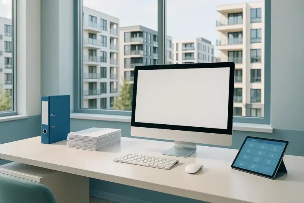 Wohngemeinnützigkeit und Bürokratieabbau: Ein moderner Bürotisch mit Computer, Tastatur, Maus, Tablet, blauen Aktenordnern und Papierstapeln steht neben großen Fenstern mit Blick auf Wohnhäuser - eine ideale Umgebung für Immobilieneigentümer, die sich auf Bürokratieabbau spezialisiert haben.