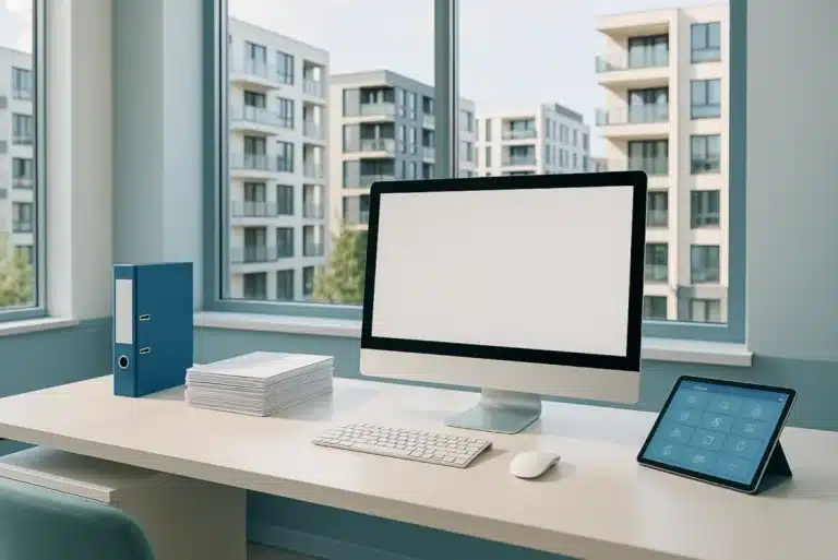 Wohngemeinnützigkeit und Bürokratieabbau: Ein moderner Bürotisch mit Computer, Tastatur, Maus, Tablet, blauen Aktenordnern und Papierstapeln steht neben großen Fenstern mit Blick auf Wohnhäuser - eine ideale Umgebung für Immobilieneigentümer, die sich auf Bürokratieabbau spezialisiert haben.