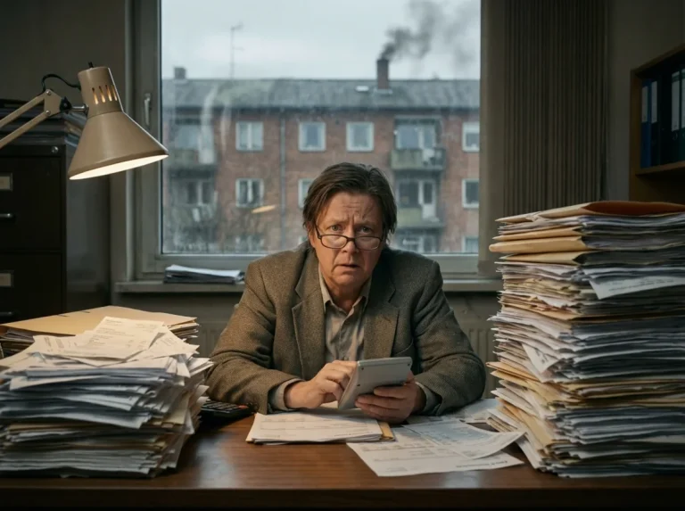 Ein gestresster Vermieter mit Brille und Anzug sitzt an einem Schreibtisch, der mit großen Stapeln von Papierkram bedeckt ist, und benutzt einen Taschenrechner. Ein Fenster im Hintergrund zeigt ein Mehrfamilienhaus, aus dessen Schornstein Rauch aufsteigt - er macht sich Sorgen um die Mehrkosten durch den CO2-Preis 2026.