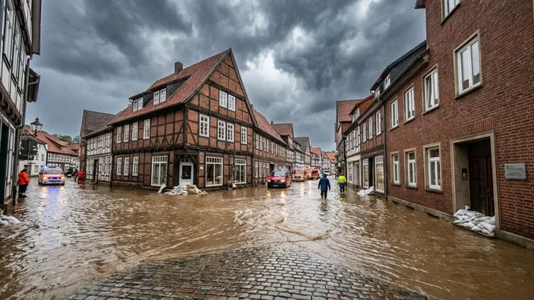 Elementarschadenversicherung: Überflutete Wohnstraße nach Starkregen