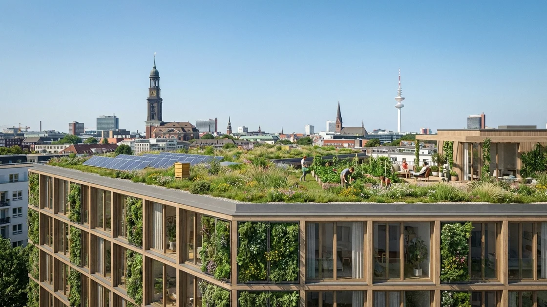 Klimarisiken Immobilien: Begrüntes Dach als Klimaschutzmaßnahme auf Mehrfamilienhaus