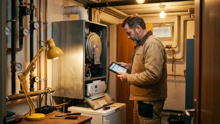 Heizungsprüfung nach GEG: Techniker prüft Gasheizung im Heizungskeller