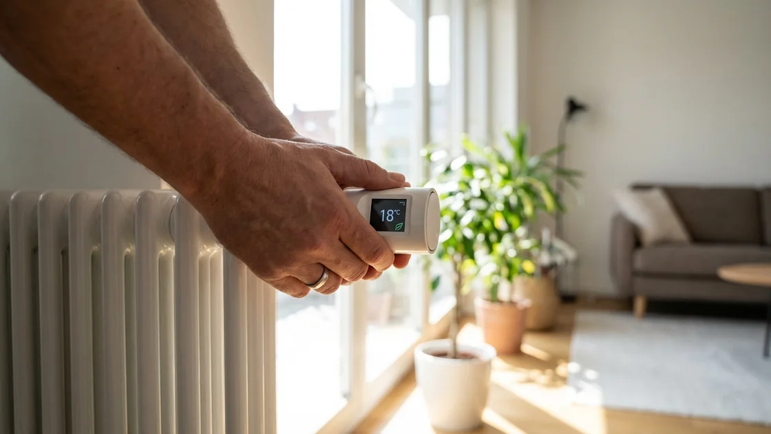 Heizungsprüfung Pflicht: Thermostatventil an Heizkörper wird eingestellt