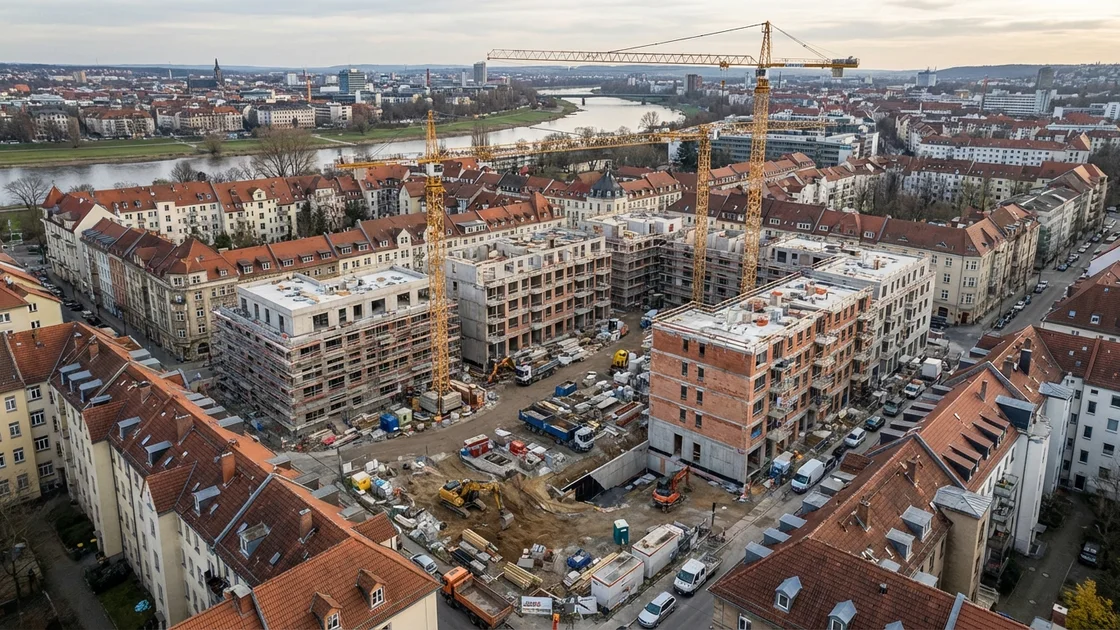 Frühjahrsgutachten Immobilien: Neubau neben Bestandsgebäuden in deutscher Stadt
