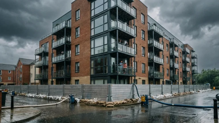 Klimarisiken für Immobilien: Hochwasserschutz an einem Mehrfamilienhaus
