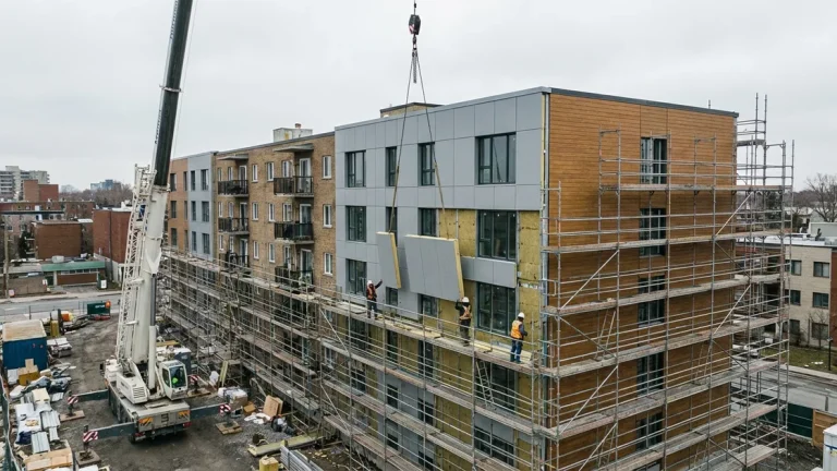 Serielles Sanieren: Vorgefertigte Fassadenmodule werden an Mehrfamilienhaus montiert