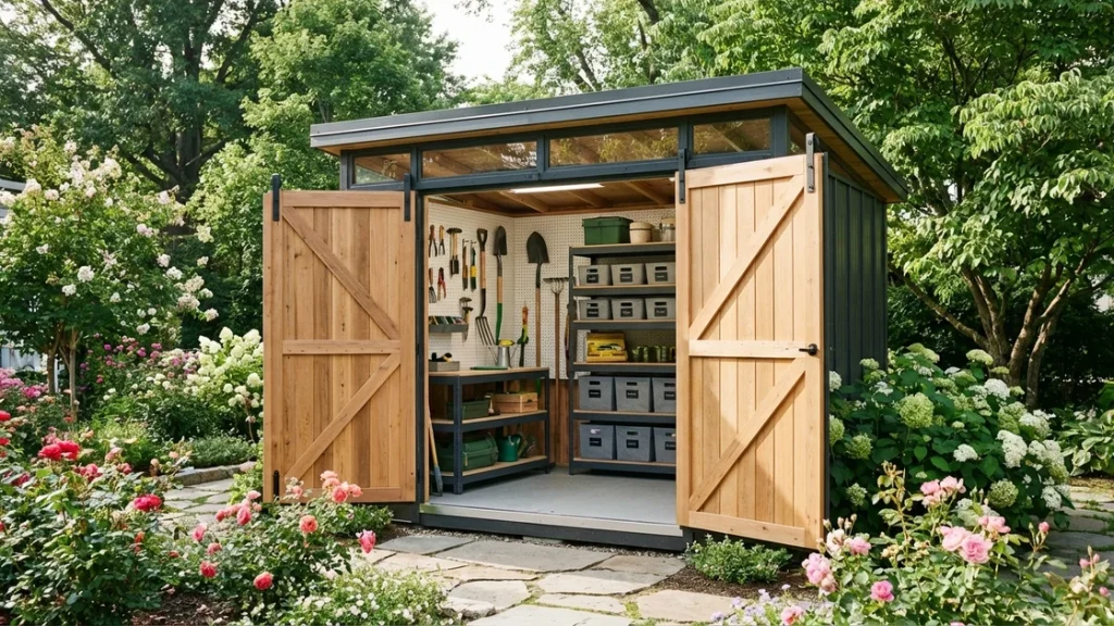 Stauraumlösungen Garten: Aufgeräumtes Gartenhaus mit Werkzeug