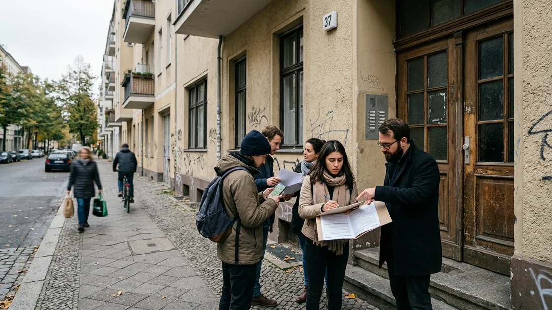 Mietmarkt Wohnfläche: Wohnungssuchende vor einem Mehrfamilienhaus