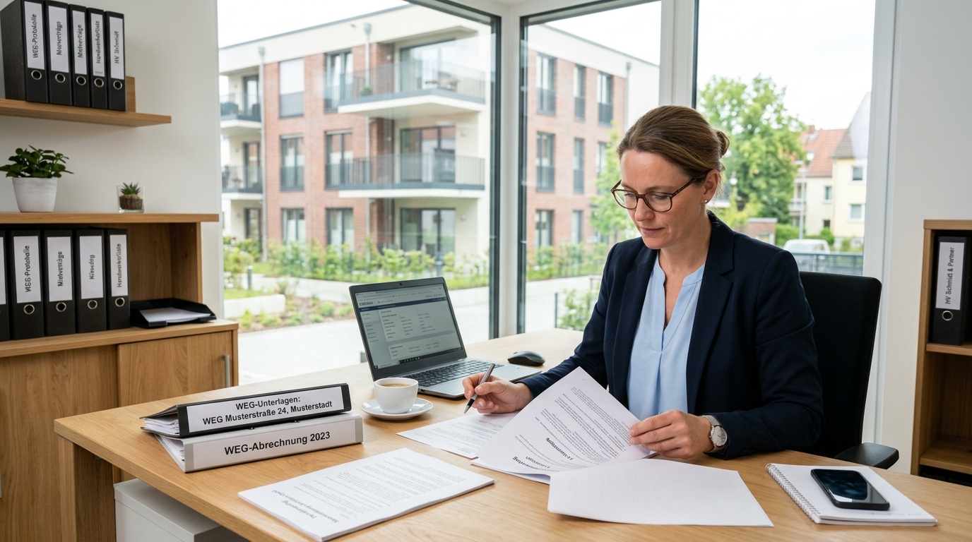 Hausverwalterin prüft Verwaltervollmacht und WEG-Beschlussunterlagen am Schreibtisch