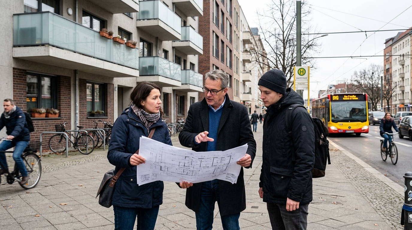 Wohnungspolitik Berlin: Hausverwaltung und Eigentümer vor einem Mehrfamilienhaus